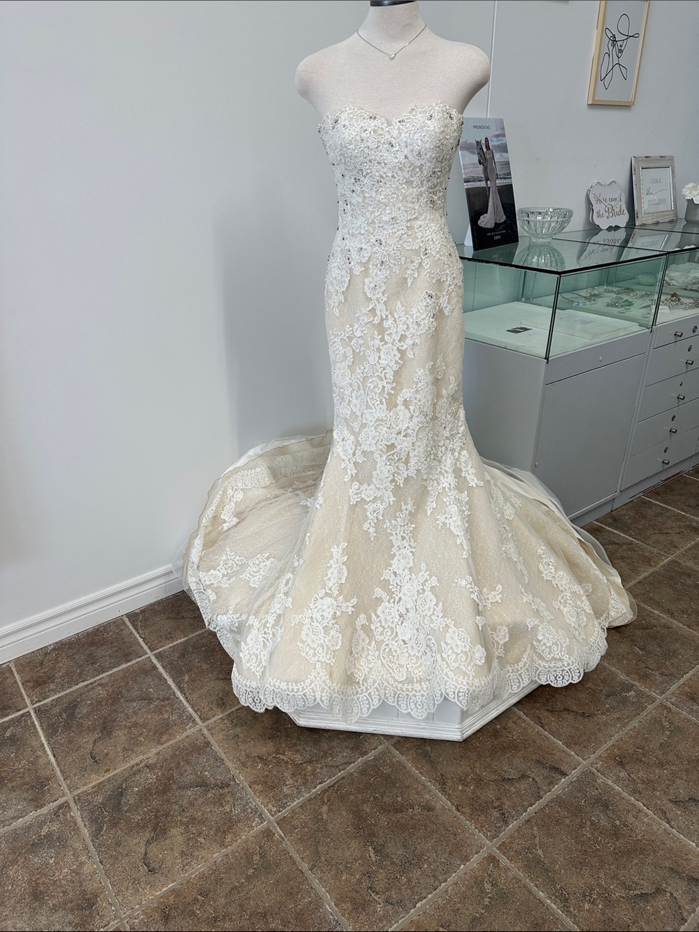 Strapless Ivory Lace Wedding Dress with Champagne Underskirt